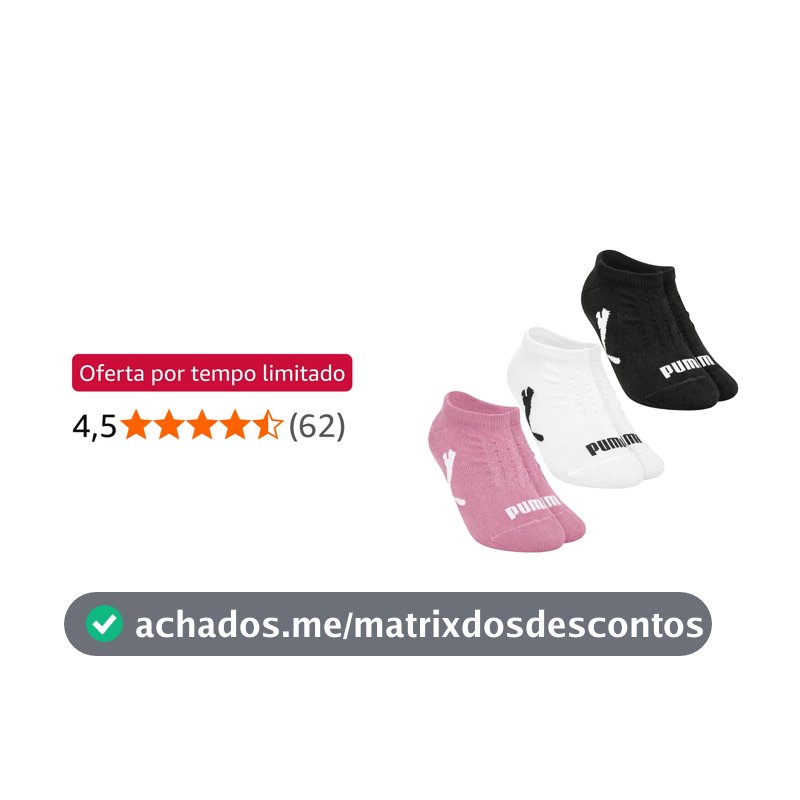 Kit 3 Pares de Meia Puma Cano Baixo Sapatilha Invisível Soquete Feminina Ref 4755 (BR, Numérico, 34, 39, Regular, Regular, Preto/Branco/Rosa)
