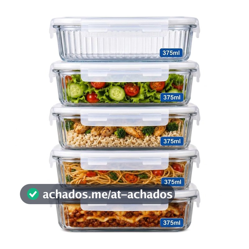 Kit 5 Potes de Vidro Herméticos 375ml – Tampa com Trava, Vedação Airtight, Ideal para Marmitas, Porta Mantimentos, Alimentos e Organização, Acabamento Premium
