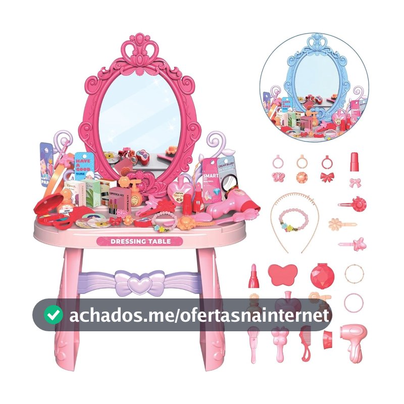 Penteadeira Brinquedo Princesa Maquiagem Espelho Menina Acessórios Faz de Conta (Rosa)