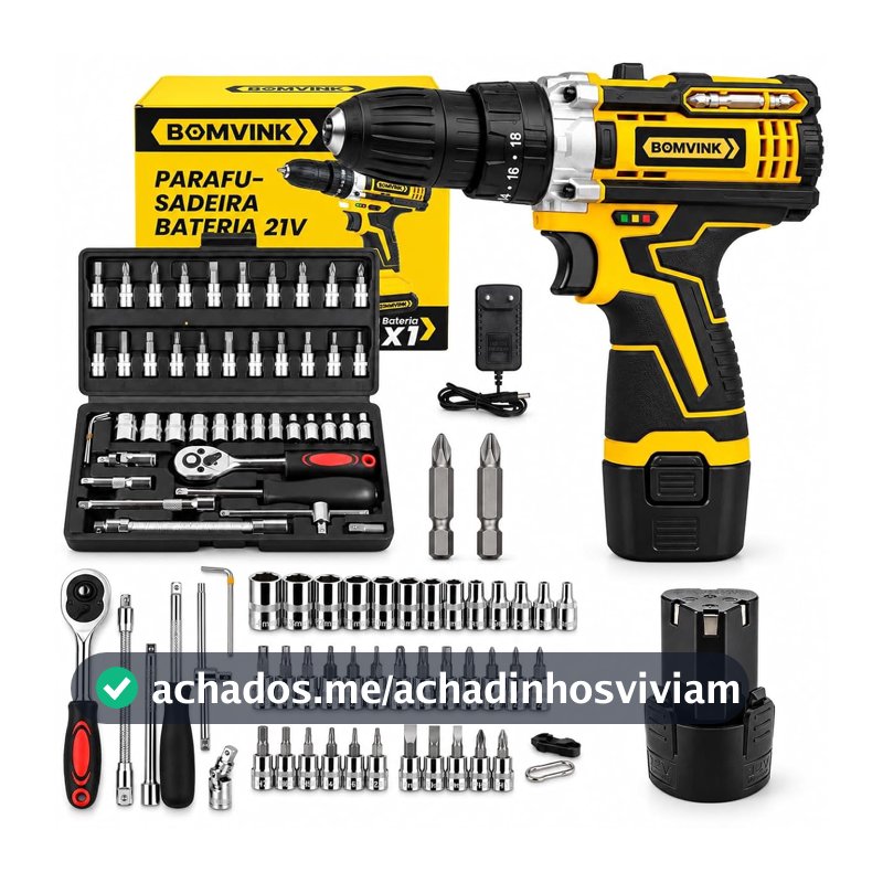 Furadeira e Parafusadeira Portátil Sem Fio a Bateria 21V + Kit Maleta com acessórios 24 peças - 110/220V