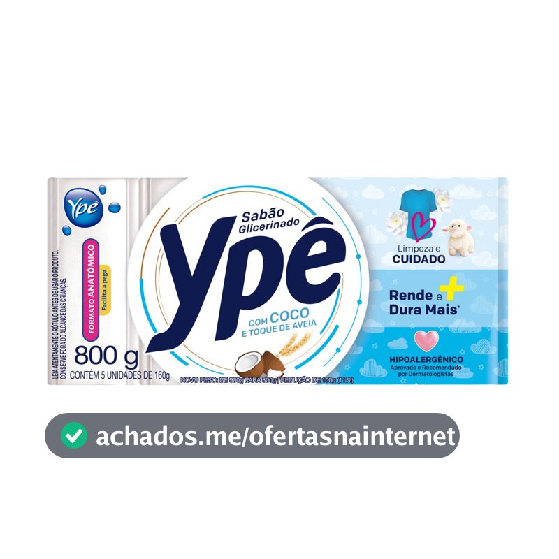 Ypê Sabão em Barra Glicerinado Coco e Toque de Aveia 800g - 5 Unidades de 160g