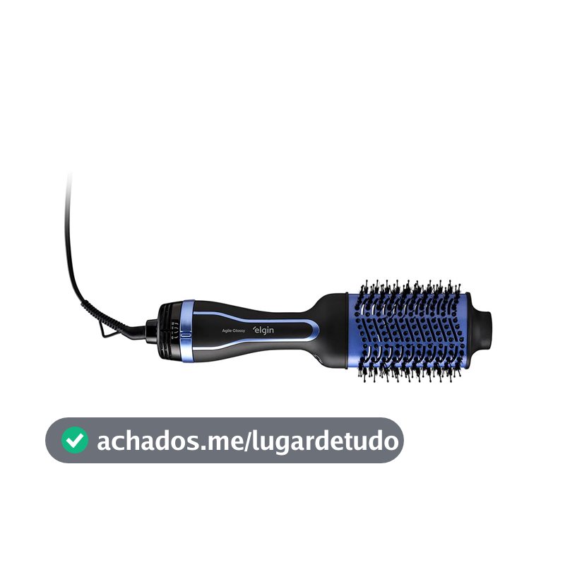 Escova Secadora Agile Glossy Elgin 1300W Bivolt, Alumínio, Turmalina, Preto e Azul