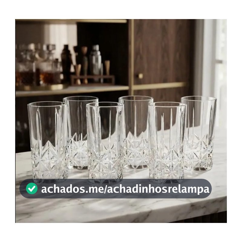 Jogo de 6 Copos de Vidro Requinte 370ml Premium, Kit Copos Elegantes com Detalhes em Filetes e Base Decorada, Design Sofisticado, Ideal para Água, Suco, Refrigerante, Drinks e Mesa Posta