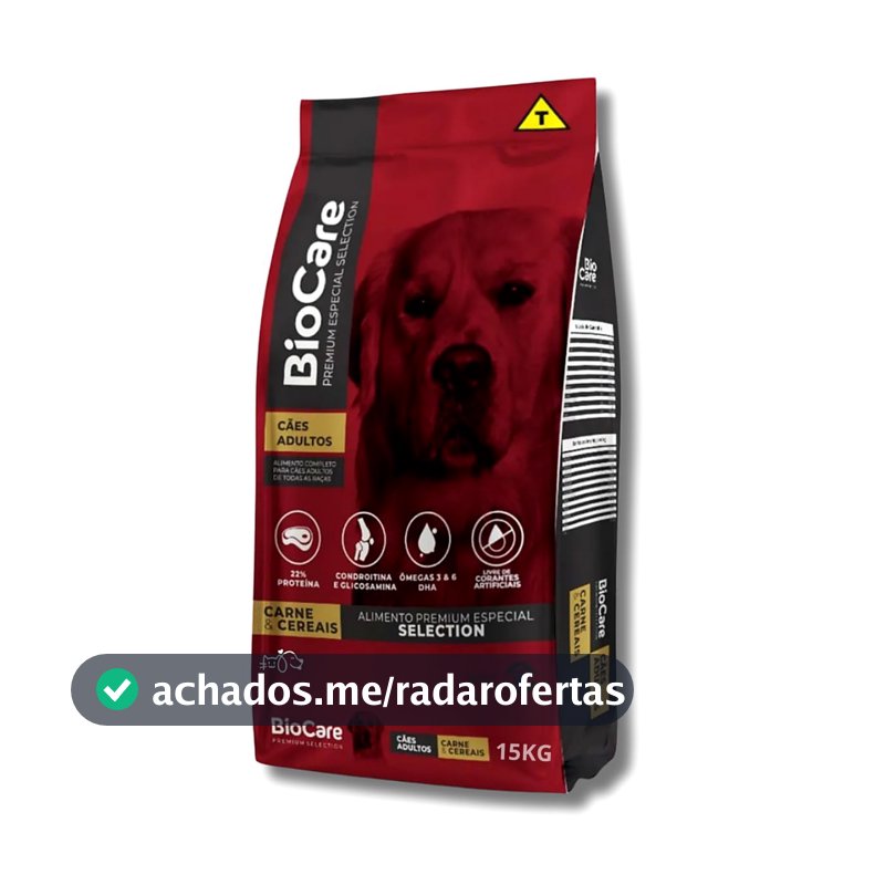 Ração BioCare Premium Especial Selection para Cães Adultos Carne e Cereais 15kg 22% Proteína com Condroitina e Glicosamina