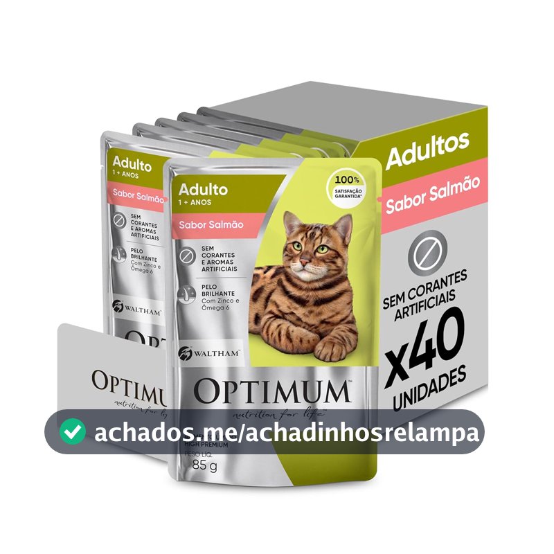 Pack Ração Úmida Optimum Sachê para Gatos Adultos Sabor Salmão 85g - 40 unidadaes