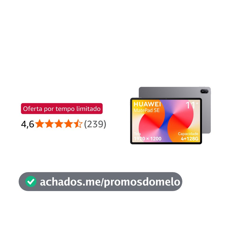 Tablet, HUAWEI MatePad SE 11, 4+128GB, Tela HUAWEI FullView de 11" para Conforto Visual，Superbateria de 7700 mAh 22,5W，Câmera Traseira 8 MP，Câmera Frontal 5 MP，Cinza Nebula