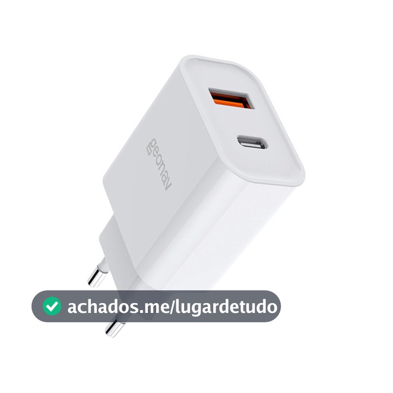 Geonav Carregador Universal Ultra Rápido Duo, 1 X USB-C Power Delivery 20W, 1 X USB Quick Charge 18W, CH20PDQC, Branco