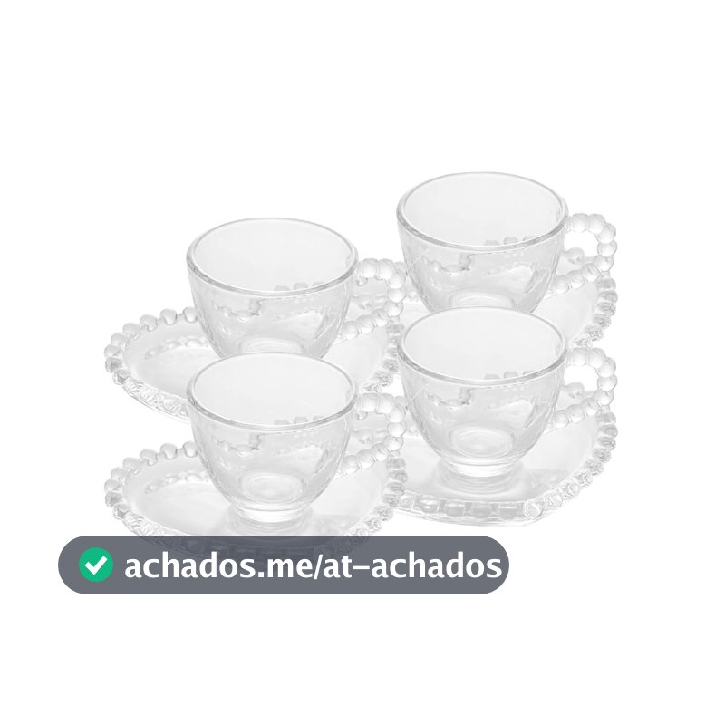 WOLFF - Conjunto 4 Xícaras de Café de Cristal com Pires Coração 85ml - Linha Pearl