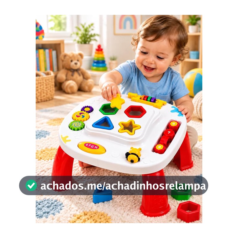 Mesinha Didática Infantil com Atividades e Som, Brinquedo Educativo com Formas de Encaixe, Engrenagens e Peças Móveis para Coordenação Motora, Cores e Formas, 12 Meses+