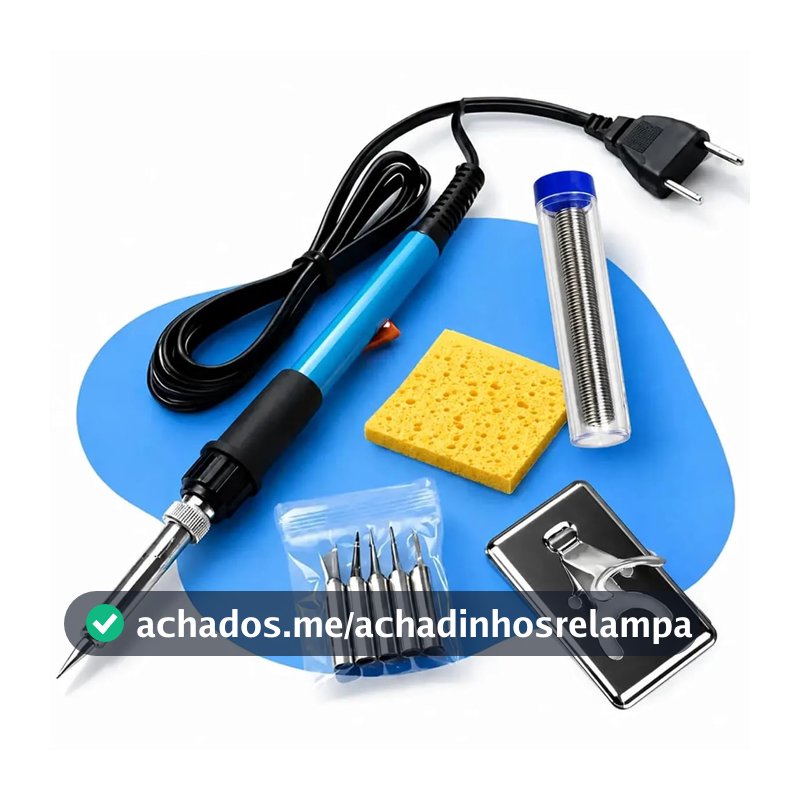 Kit Ferro de Solda Profissional 60W Ajustável 110/220V, Estação de Solda Completa com 6 Pontas, Suporte, Esponja, Estanho e Fluxo para Eletrônica, Reparos e DIY (220.0, Volts)
