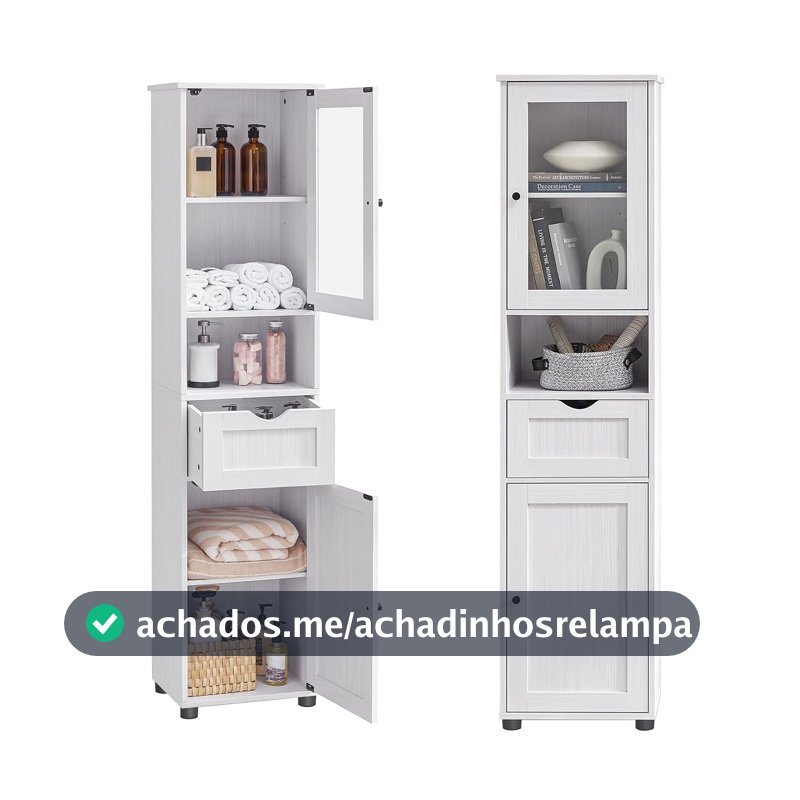 VASAGLE Armário Alto para Banheiro, Armário Estreito, com Prateleira Aberta, Porta de Vidro, Pés Resistentes à Água, Prateleiras com Altura Ajustável, que Economiza Espaço,Branco Ácer BRBBK163T44