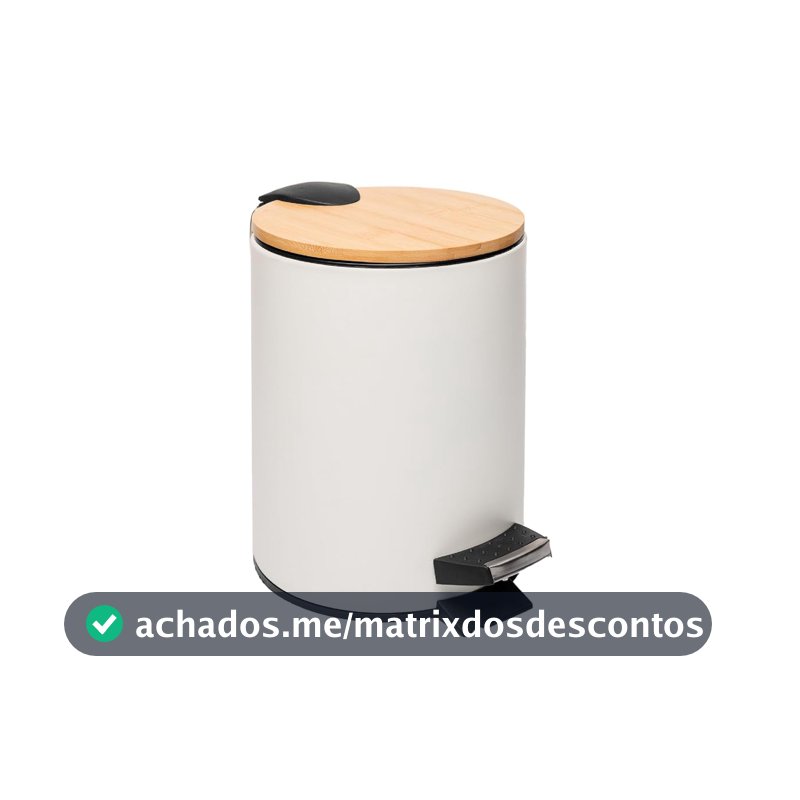 LYOR - Lixeira Redonda De Metal Com Pedal e Tampa Em Bambu Branca 3L