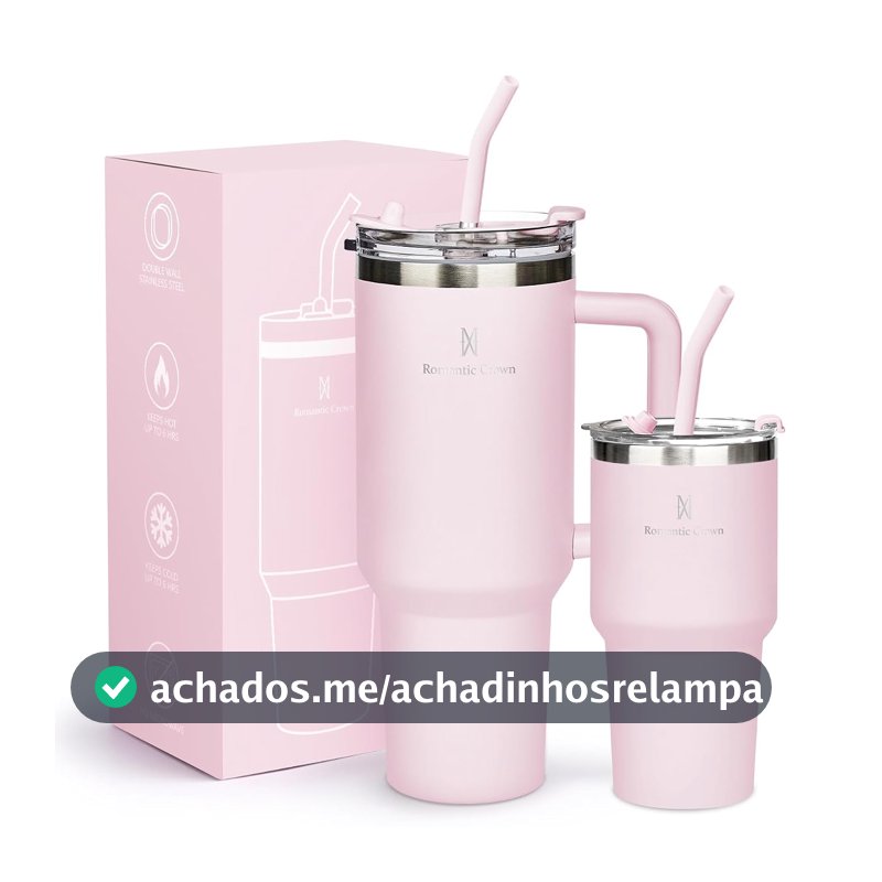 Kit Copos Térmicos 1,18L + 591ml com Canudo, Tampa e Alça, Rosa Claro