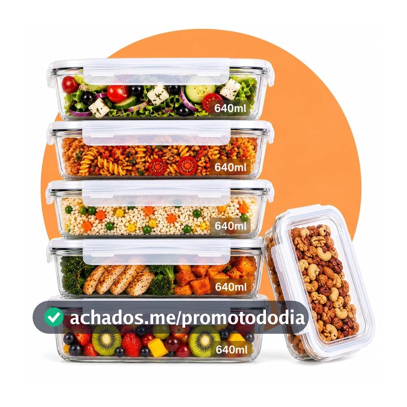 Kit 6 Potes de Vidro Hermético 640ml Borossilicato com Tampa 4 Travas – Recipiente Retangular para Marmita, Micro-ondas, Forno e Freezer – Armazenamento de Alimentos – Sem BPA