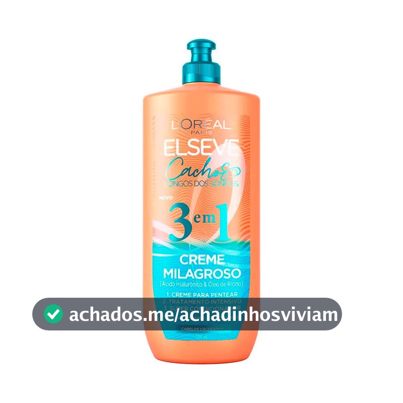 L'Oréal Paris Elseve Creme para Pentear Milagroso 3 Em 1 Cachos Longos Dos Sonhos, com Ácido Hialurônico e Óleo de Rícino, 500ml
