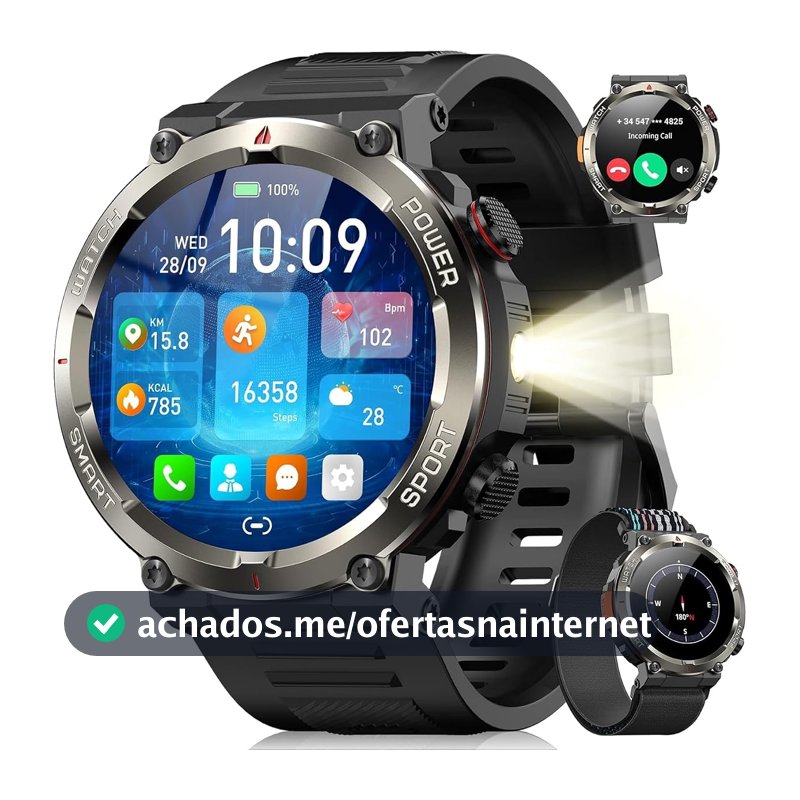 Blackview smartwatch Relógio Inteligente Militar, Chamadas Bluetooth, Bateria 960mAh 100 Dias, Lanterna LED, Bússola, 150+ Modos Esportivos, IP68 à Prova D'Água, Tela 1.45" - Android/iOS, Preto