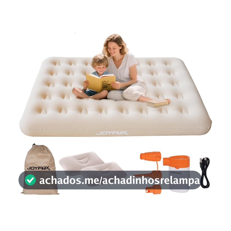 JOYFOX Colchão Inflável Casal 191x137x22cm com Travesseiros e Bomba Elétrica Portátil – Confortável, Leve e Ideal para Camping, Viagem e Visitas