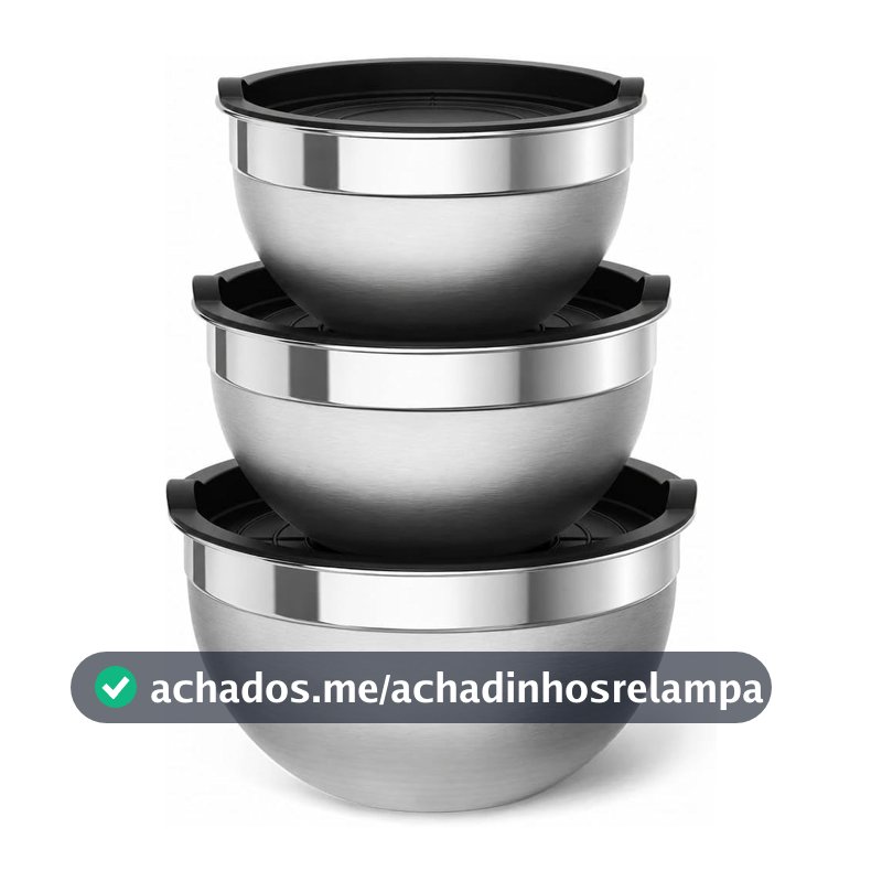 Conjunto 3 Bowls Aço Inox com Tampa, Tigelas Multiuso para Cozinha Kit 3