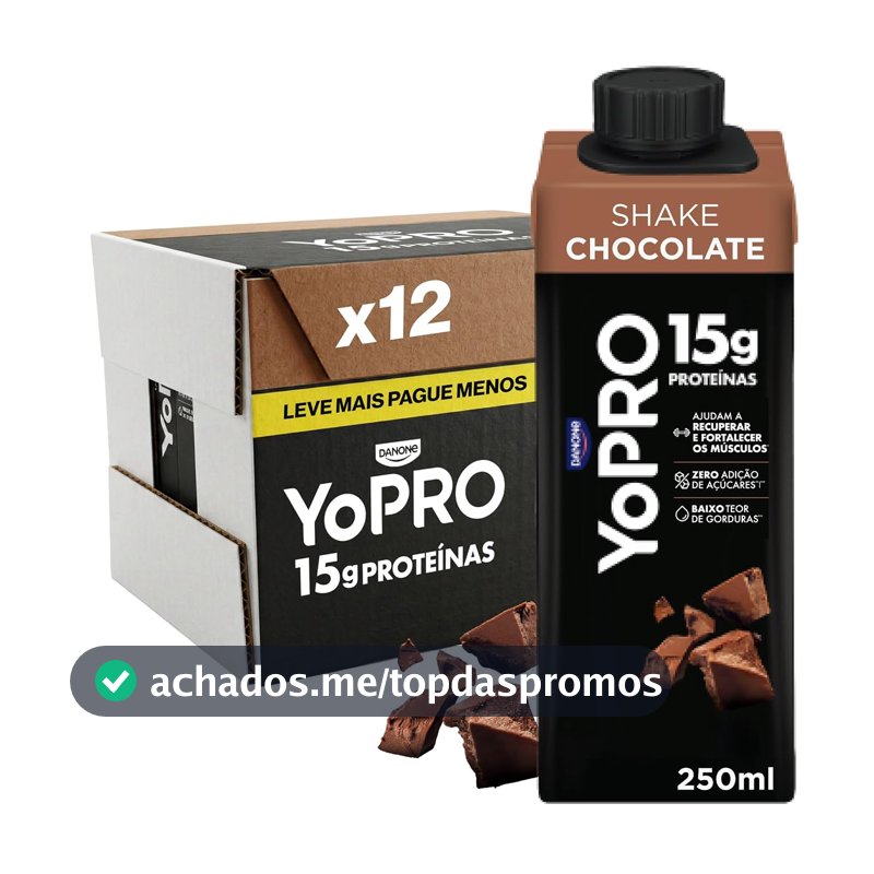 YoPRO Bebida Láctea UHT Chocolate Líquida Caixinha 250ml - 15g de Proteínas - Sem Lactose - Pack com 12 Unidades
