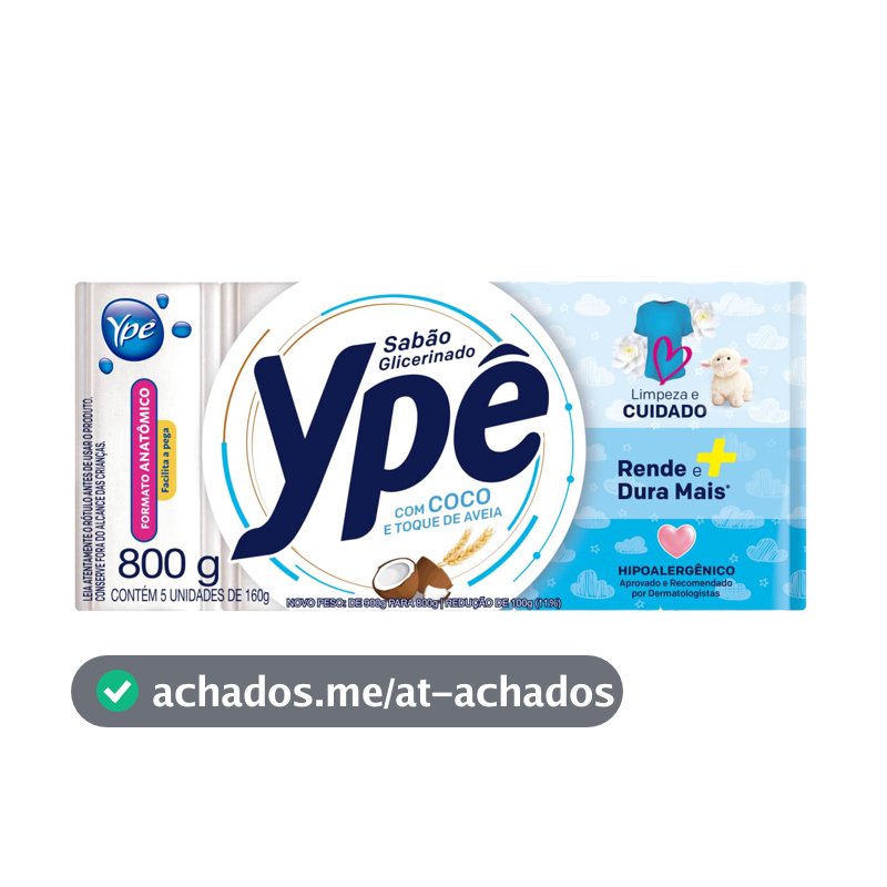 Ypê Sabão em Barra Glicerinado Coco e Toque de Aveia 800g - 5 Unidades de 160g