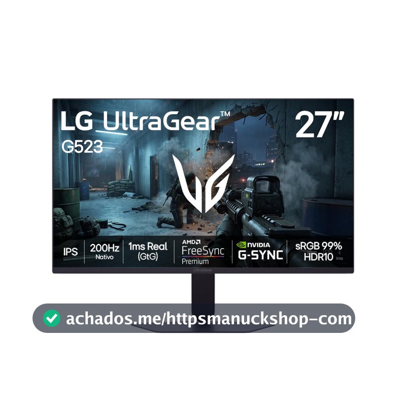 LG UltraGear Monitor Gamer 27" IPS 200Hz, 1ms (GtG), Full HD (1920x1080), HDR10, NVIDIA G-SYNC AMD, FreeSync Premium, sRGB 99%, Preto - 27G523B