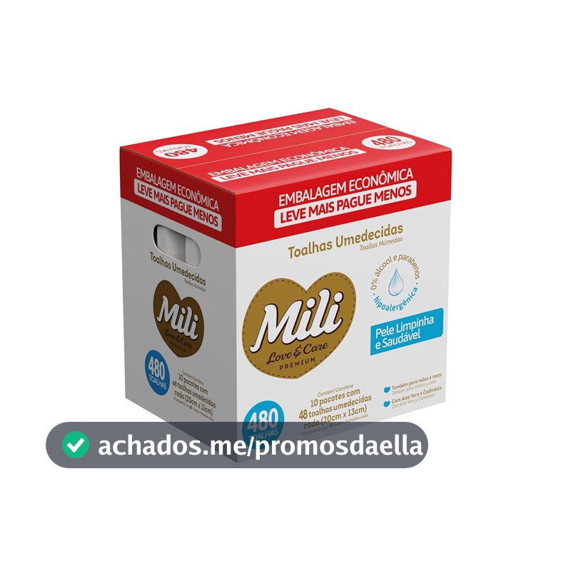 Mili Toalhas Umedecidas Love & Care Premium, Uso Bebê, Aloe Vera e Calêndula, Pack com 10 Pacotes (48 Unidades cada)