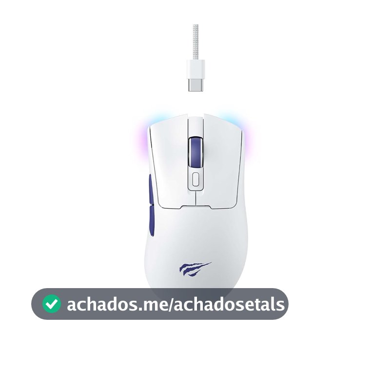Havit Mouse Gamer Quad-Mode MS966WB White, Sem Fio e Com Fio, USB, Bluetooth, Wireless 2.4GHz (USB-A e USB-C), RGB, 7 Botões, 800-1600-2400-3200-6000-10000 DPI, Branco