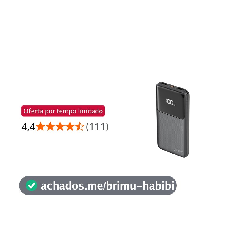 Geonav Power Bank, Carregador Portátil Universal 10.000mAh, Carga rápida, 2 saídas USB-A (até 18W quick charge) e 1 USB-C (até 20W Power Delivery), Led Indicador de Bateria, PB10K20W1PBK, Preto