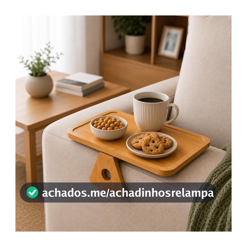 Bandeja Dobrável p/Braço de Sofá 20X30cm em Bambu e Aço Inox Mesa de Apoio