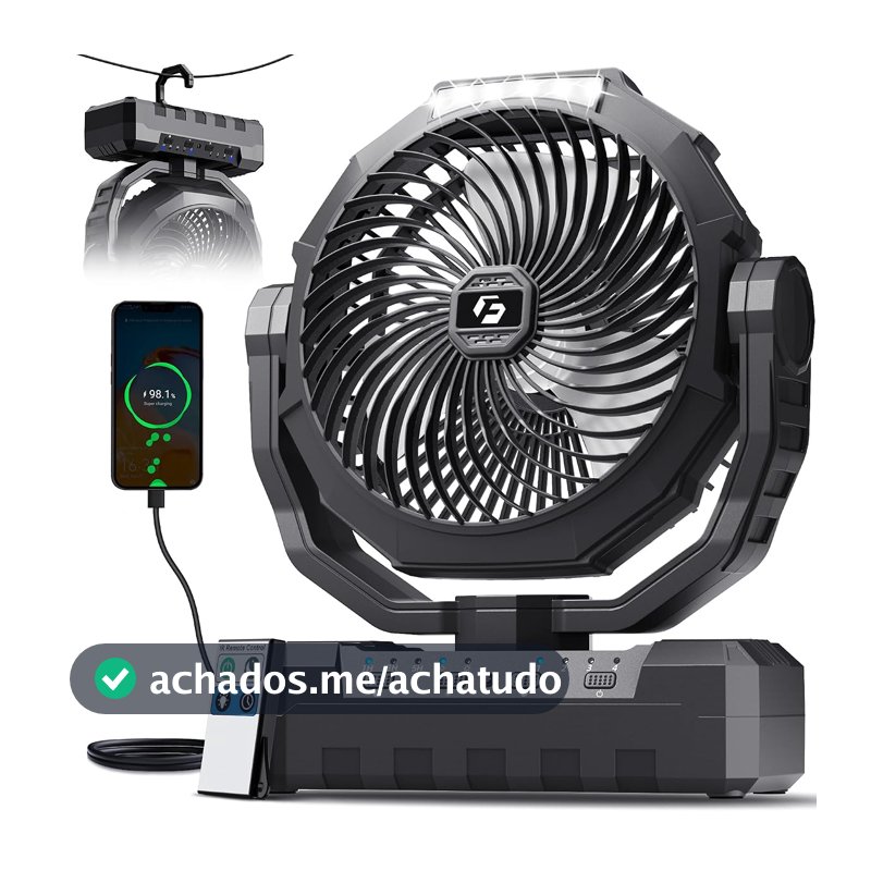 FRIZCOL Ventilador de acampamento 3 em 1 - ventiladores portáteis recarregáveis - Ventilador alimentado por bateria de 24000 mAh com luz e controle remoto para interior, exterior, barraca, viagem