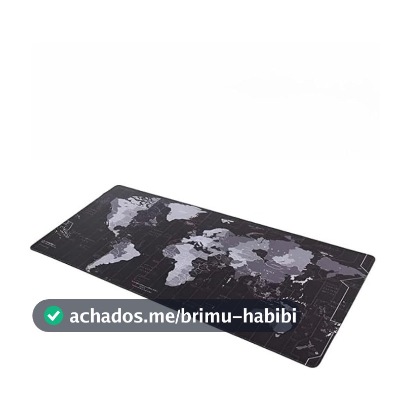 Mouse Pad Gamer 80x30, Mapa Mundi, Base Antiderrapante, Preto e Cinza, Grande, Escritório e Gaming