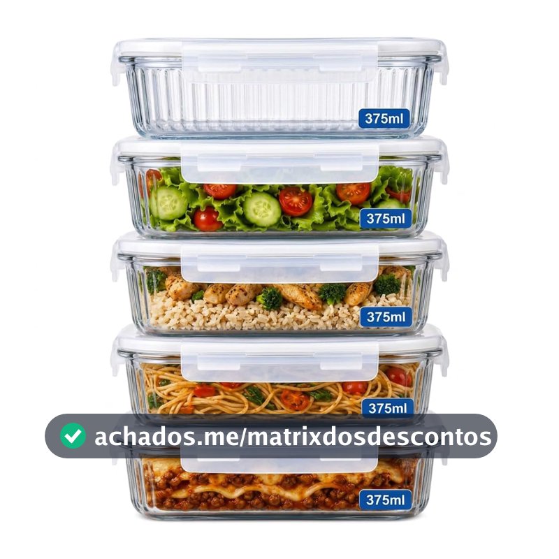 Kit 5 Potes de Vidro Herméticos 375ml – Tampa com Trava, Vedação Airtight, Ideal para Marmitas, Porta Mantimentos, Alimentos e Organização, Acabamento Premium