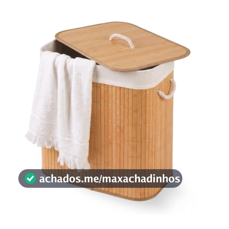 Cesto De Roupa Suja com Alças Em Bambu Com Tampa Forrado Banheiro Lavanderia Quarto