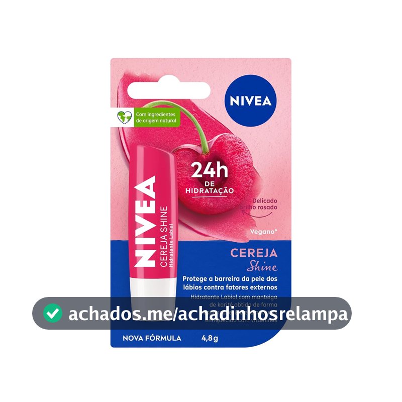 NIVEA Hidratante Labial Cereja Shine 4,8g, Hidratação Intensa 24h, Cor Suave, Brilho Delicado, Cuidado Diário, Manteiga de Karité