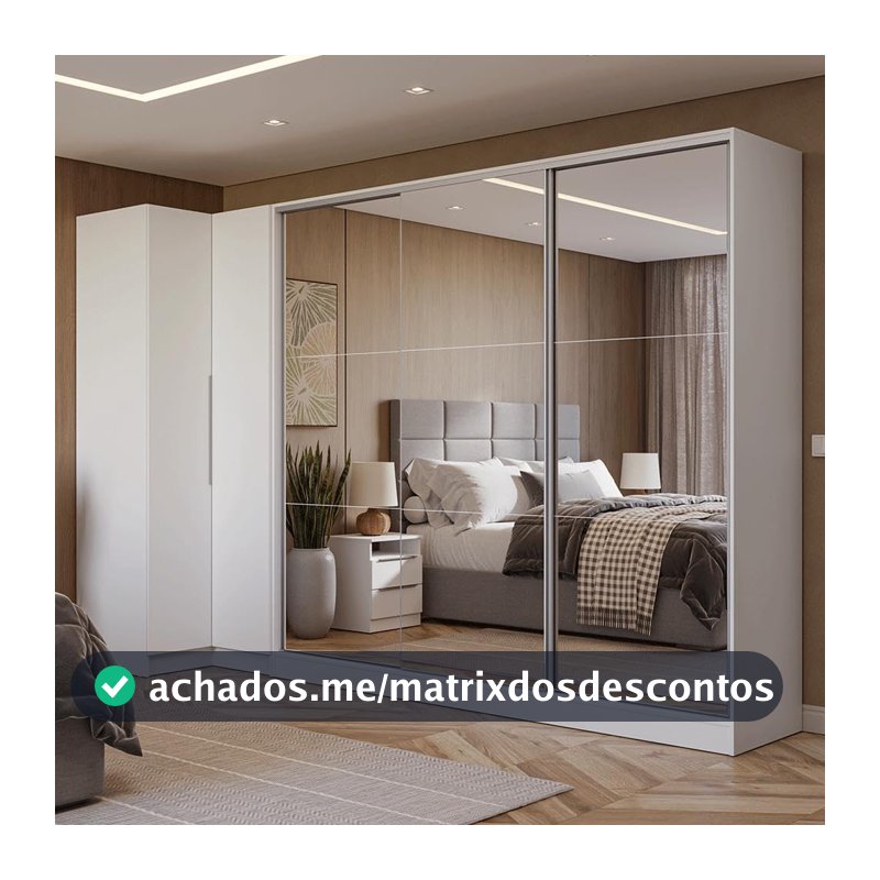 Guarda-roupa Modulado Neo + Guarda-roupa Royale 3 Portas de Correr de Espelho Branco Madesa