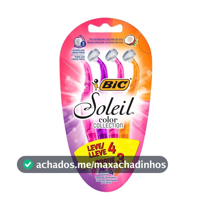 BIC Aparelho De Depilar Soleil Rosa Roxo E Laranja Leve 4 Pague 3 - 930183 - Dupla Fita Lubrificante Com Leite De Coco