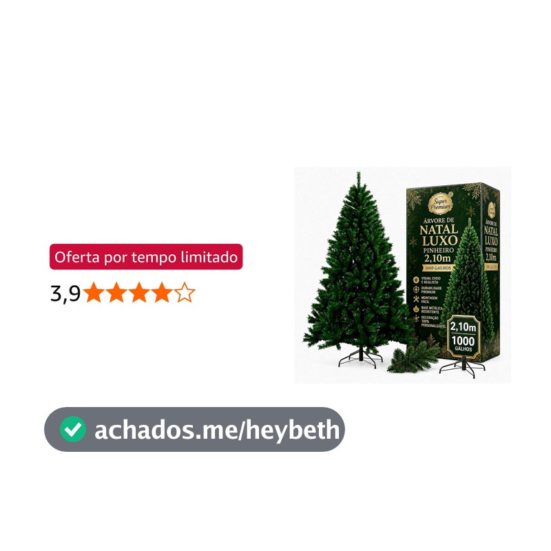 Árvore de Natal Tradicional Artificial Base Metálica, 2,10 m, 1000 Galhos