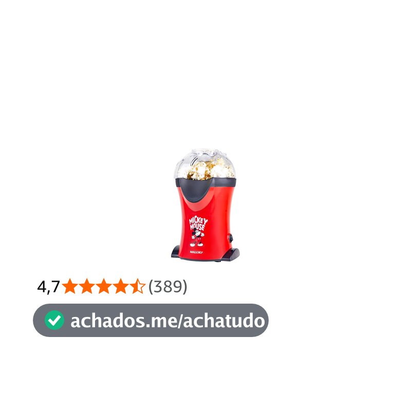 Pipoqueira Elétrica Mallory Mickey Mouse – Pipocas Sequinhas e Sem Óleo, Bocal Expedidor, Copo Medidor para Manteiga e Pés Antiderrapantes - 127V
