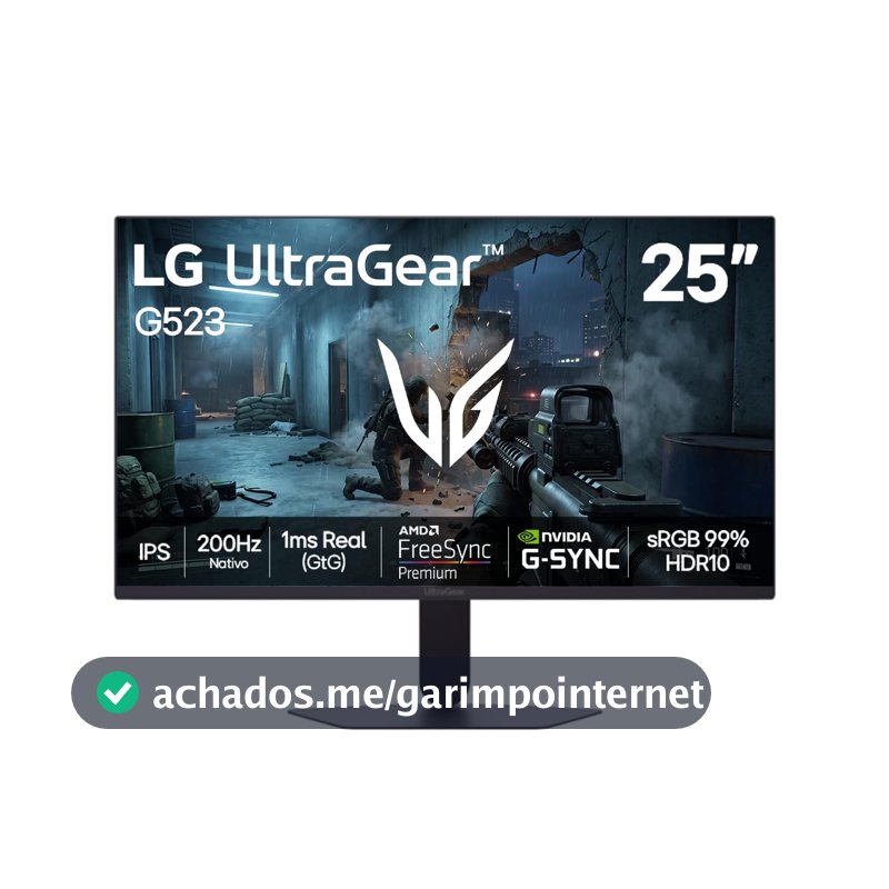 Monitor LG UltraGear -Tela IPS de 25”, 200Hz, 1ms (GtG), NVIDIA G-SYNC e AMD FreeSync Premium, HDR10, sRGB 99%, Preto - 25G523B