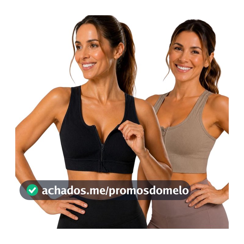 Kit com 2 Tops Fitness Femininos Canelados em Poliamida com Zíper Frontal e Bojo Removível