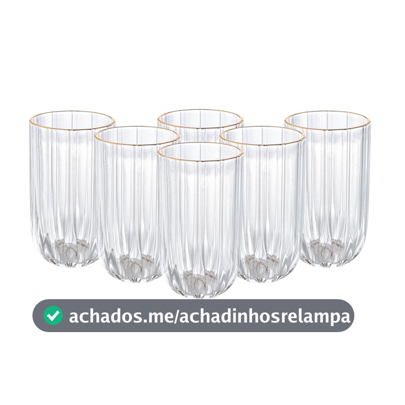 Jogo de 6 copos Altos Refinatto em Cristal ecológico com borda dourada 400ml A13,5cm