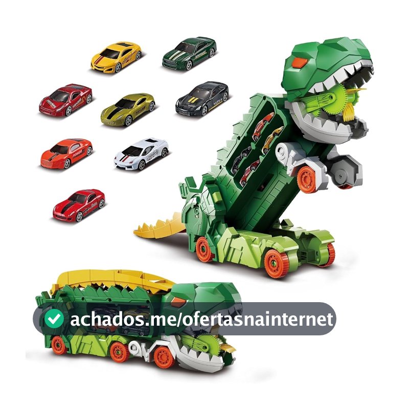 Caminhão Transportador Dinossauro T-Rex: Brinquedo Infantil com Pista de Corrida e Carrinhos (Verde)