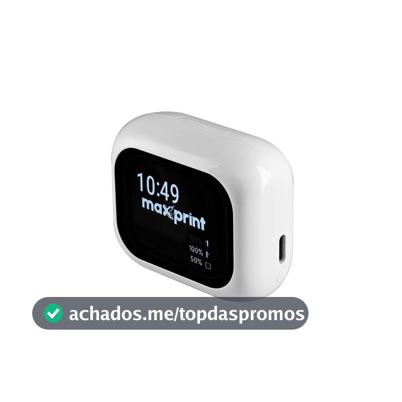 Fone de Ouvido Bluetooth TWS Branco com Cancelamento de Ruído ANC e Display Touch – Maxprint FBT3002