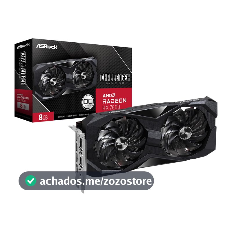 Placa de Vídeo ASRock Radeon RX 7600 Challenger OC, 8GB, GDDR6, 128-Bit, FSR, Ray Tracing, Preto