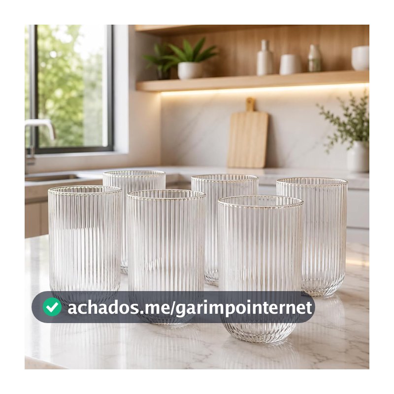 Kit 6 Copos de Vidro Canelado 420 ml com Borda Dourada para Água, Sucos e Drinks, Mesa Posta Elegante