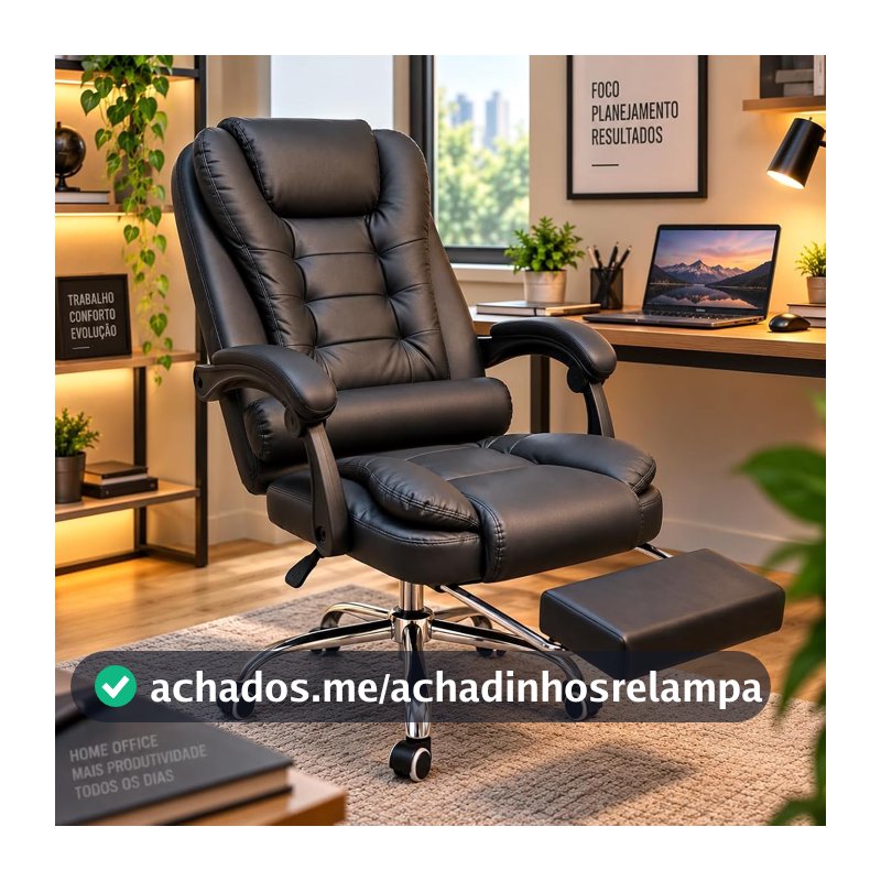 Cadeira de Escritório Presidente Reclinável com Apoio para os Pés Preta