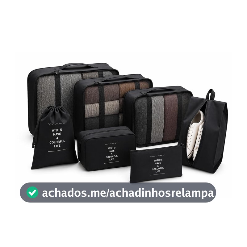 Kit Organizador de Mala 7 Peças Impermeável Organizador de Bagagem para Roupas Sapatos e Cosméticos Necessaire de Viagem Dobrável Compacta Alta Capacidade Multiuso Unissex para Viagens (PRETO)