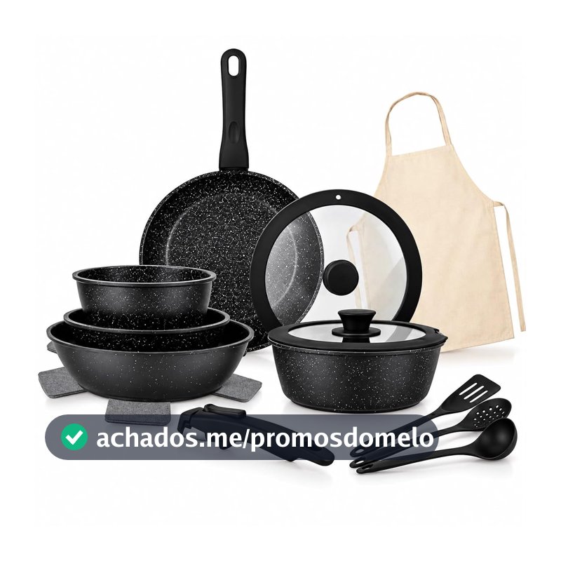 Jogo de Panela 15 Pecas Antiaderente Cabo Removivel Inducao Preto