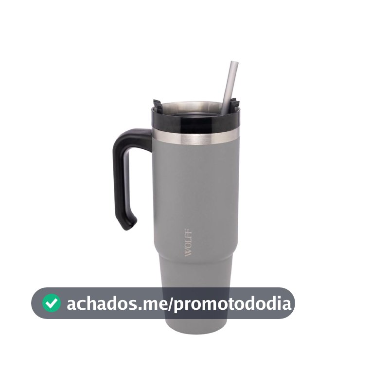 WOLFF Caneca Térmica Parede Dupla SlimTerm com Base Ergonômica e Canudo Cinza 890ml
