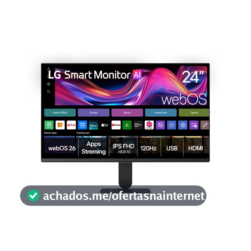 Monitor LG Smart, Tela IPS de 24”, FHD, WebOS 26, HDR10, ThinQ, Wi-fi, AirPlay, Bluetooth, 5ms (GtG), 120Hz, 2X USB, 2X HDMI, Preto- 24U511SB